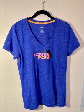 The North Face Women's Royal Blue V-Neck Logo Tee with Pink Accent